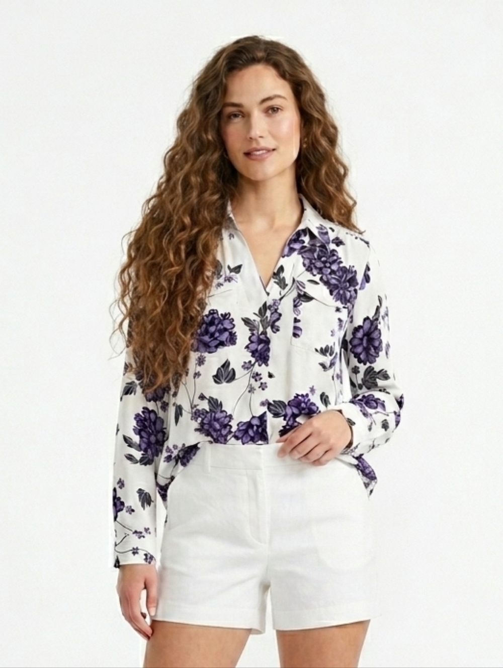 Ann Taylor White Shirt with Purple Floral Oversized SP
